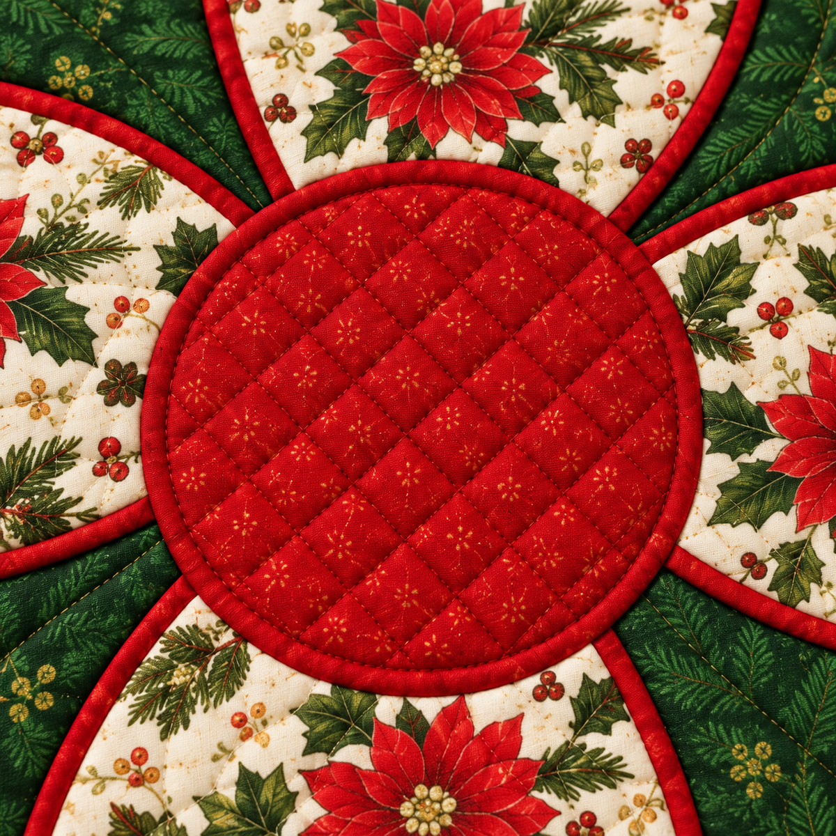Close-up of the Christmas Blossom placemat red quilted center; AI-generated styling illustration
