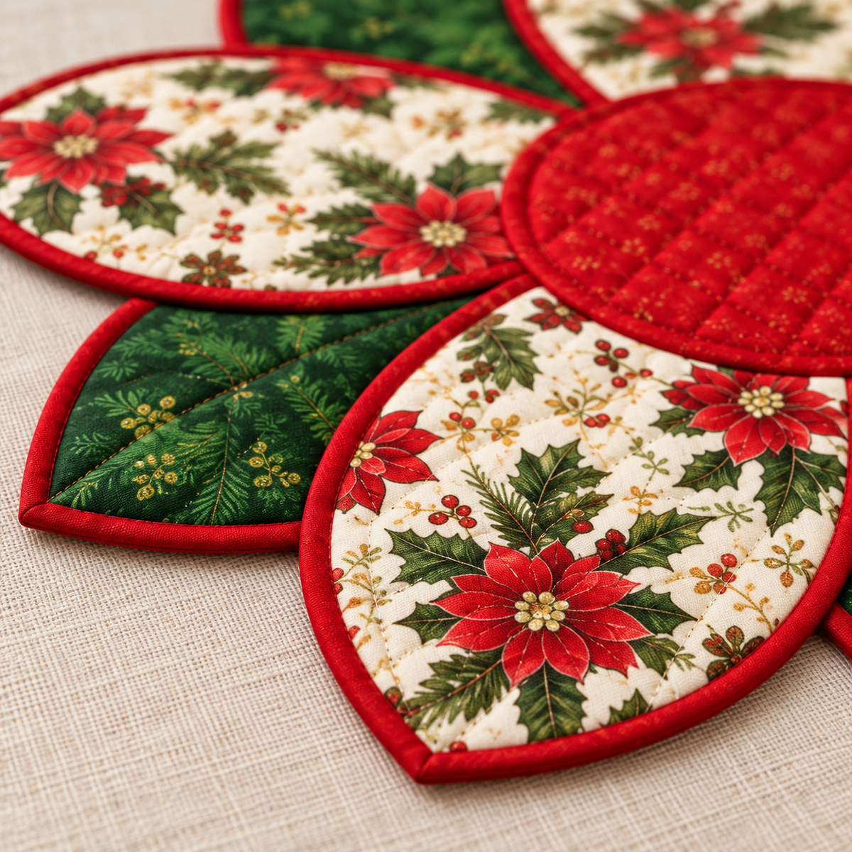 Close-up of red binding, cream floral petal and green leaf; AI-generated styling illustration