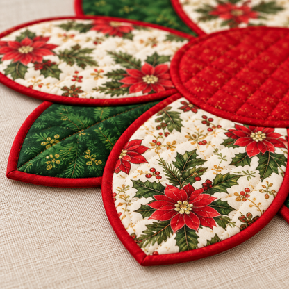 Close-up of red binding, cream floral petal and green leaf; AI-generated styling illustration