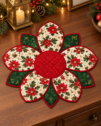 Christmas Blossom placemat displayed on a festive wooden sideboard; AI-generated styling illustration