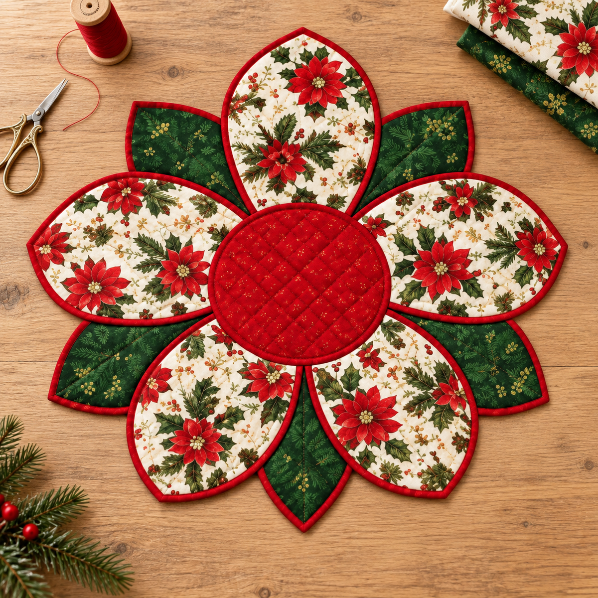 Christmas flower sewing project with coordinating fabrics and sewing tools; AI-generated styling illustration