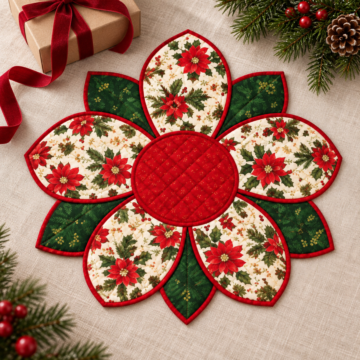 Christmas Blossom placemat styled beside a wrapped gift; AI-generated styling illustration