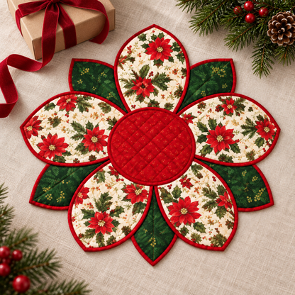 Christmas Blossom placemat styled beside a wrapped gift; AI-generated styling illustration