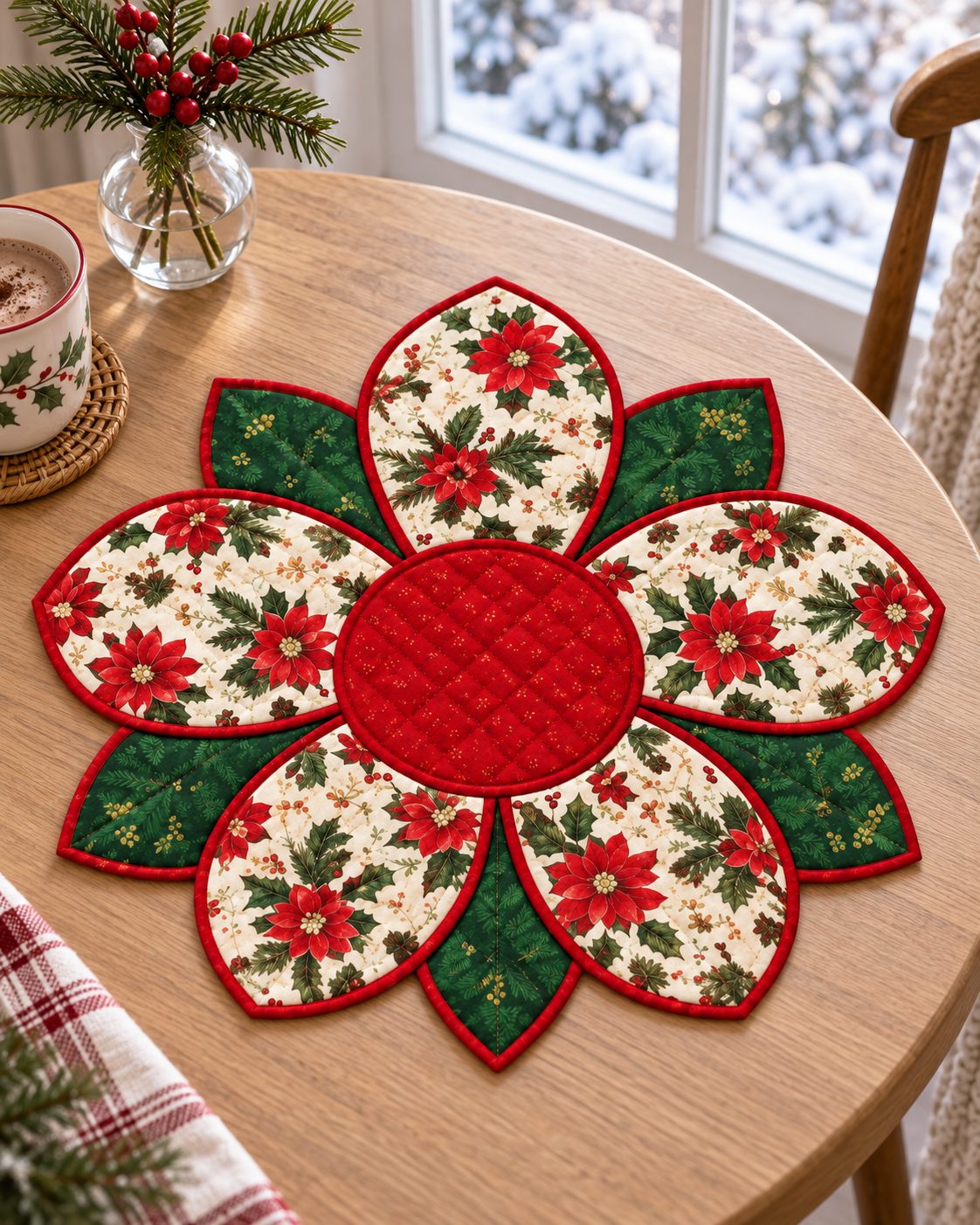 Christmas flower placemat on an oak table beside a winter window; AI-generated styling illustration