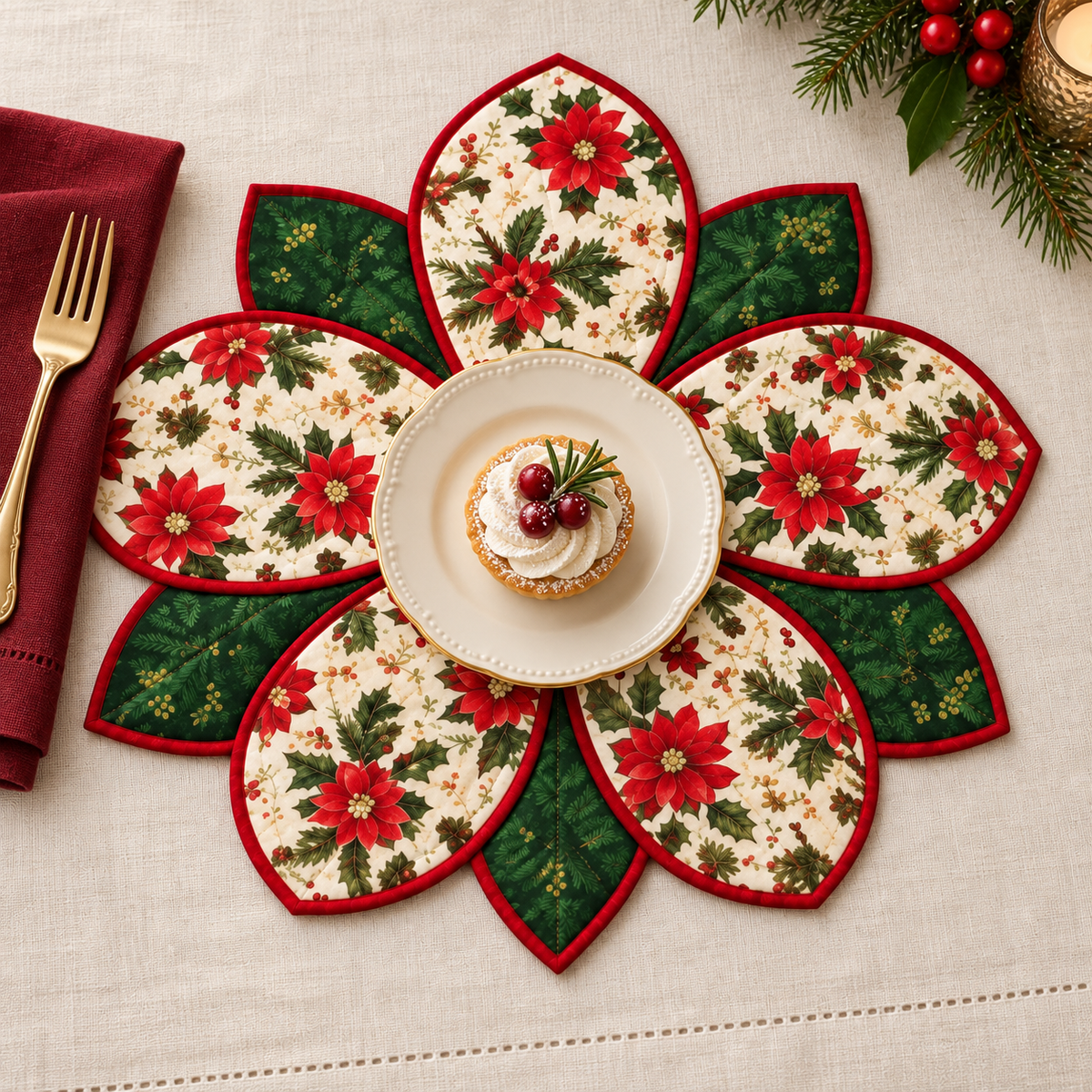 Christmas Blossom placemat with an ivory dessert plate; AI-generated styling illustration