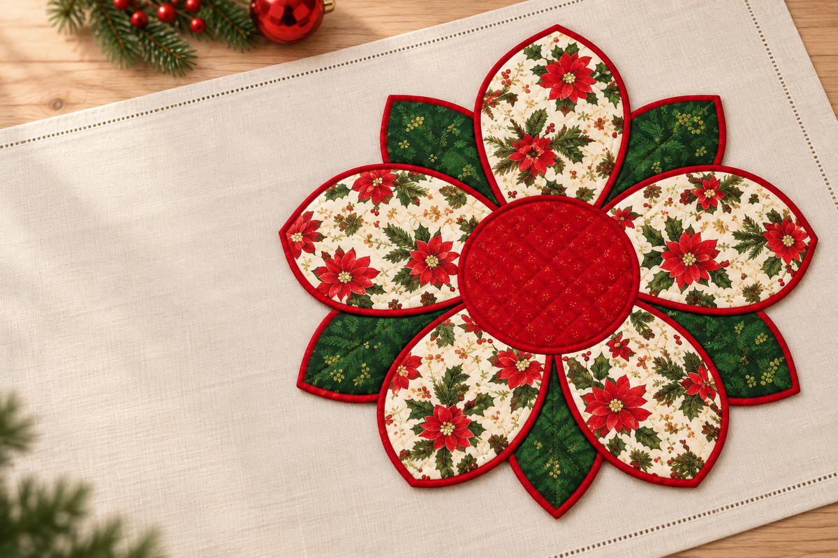Christmas Blossom placemat on linen with open space for a seasonal banner; AI-generated styling illustration