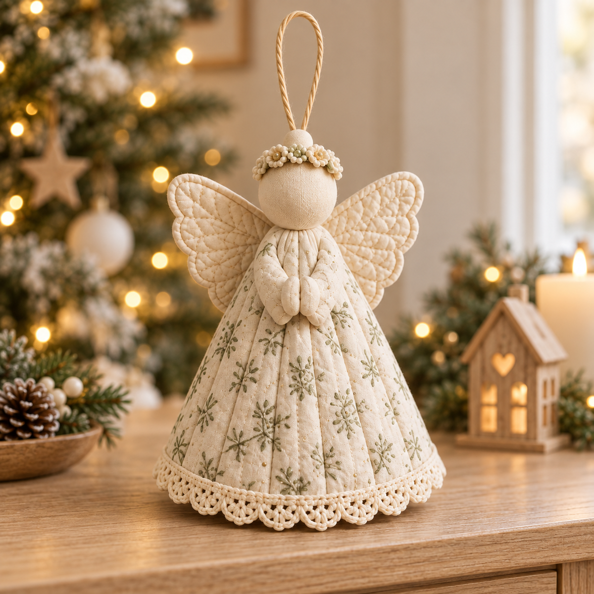 Christmas Botanical Angel Ornament with cream quilted wings and sage botanical dress - AI-styled pattern preview