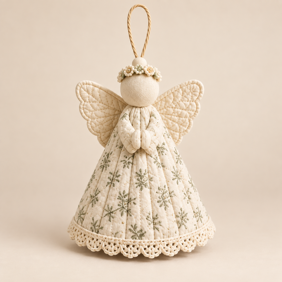 Cream botanical angel ornament on a neutral studio background - AI-styled pattern preview