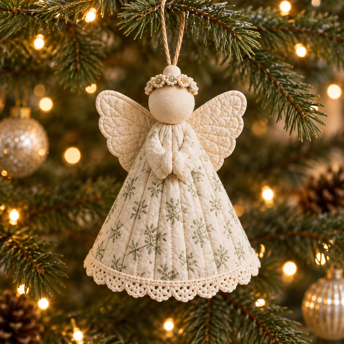 Botanical fabric angel hanging on an evergreen Christmas tree - AI-styled pattern preview