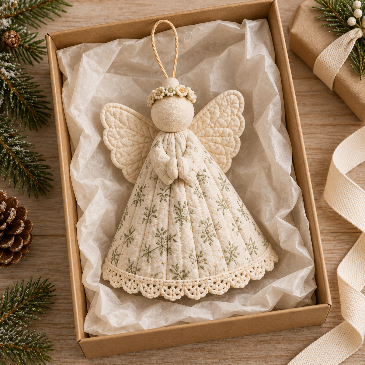 Quilted angel ornament in a tissue-lined gift box - AI-styled pattern preview