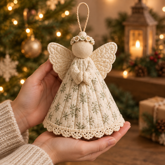 Botanical angel ornament held in adult hands for scale - AI-styled pattern preview