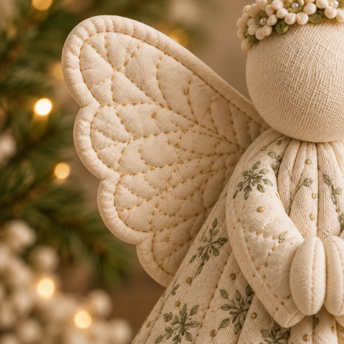 Close-up of padded cream angel wing quilting - AI-styled pattern preview