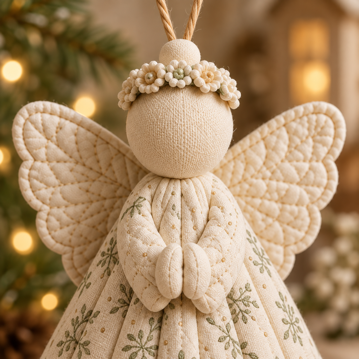Cream floral crown, fabric head and clasped angel hands - AI-styled pattern preview