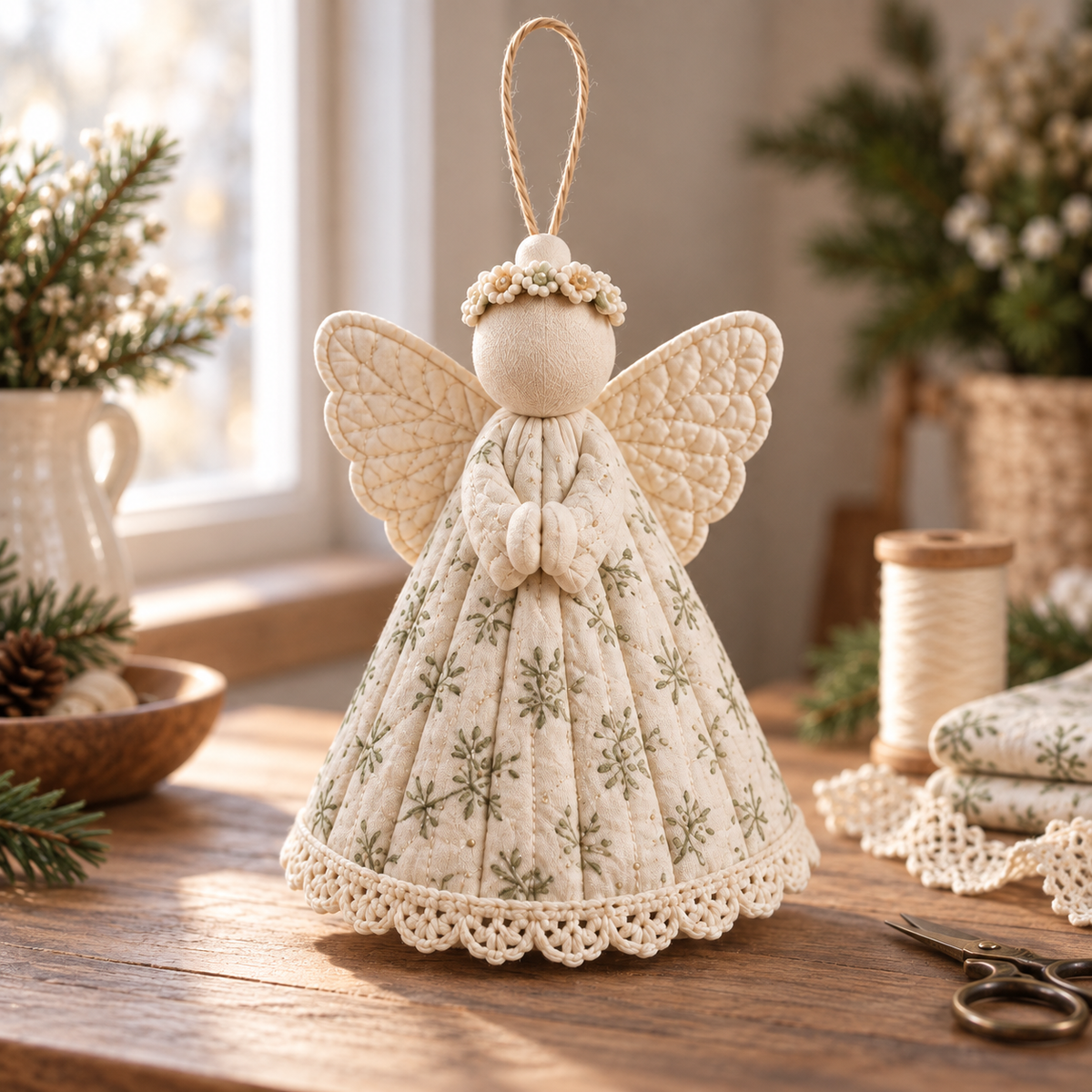Finished botanical angel on a sewing table with fabric and thread - AI-styled pattern preview