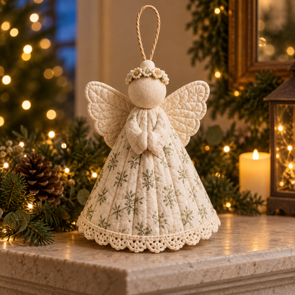 Quilted Christmas angel on a warmly lit evening mantel - AI-styled pattern preview