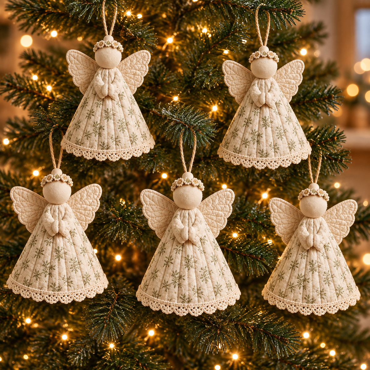 Five matching cream botanical angel ornaments on a Christmas tree - AI-styled pattern preview