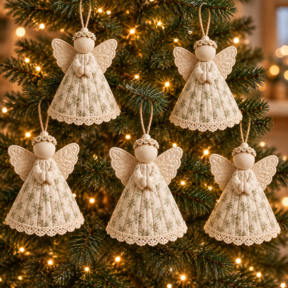 Five matching cream botanical angel ornaments on a Christmas tree - AI-styled pattern preview