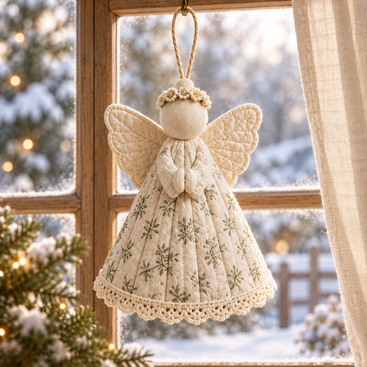Botanical angel ornament hanging in a winter window - AI-styled pattern preview