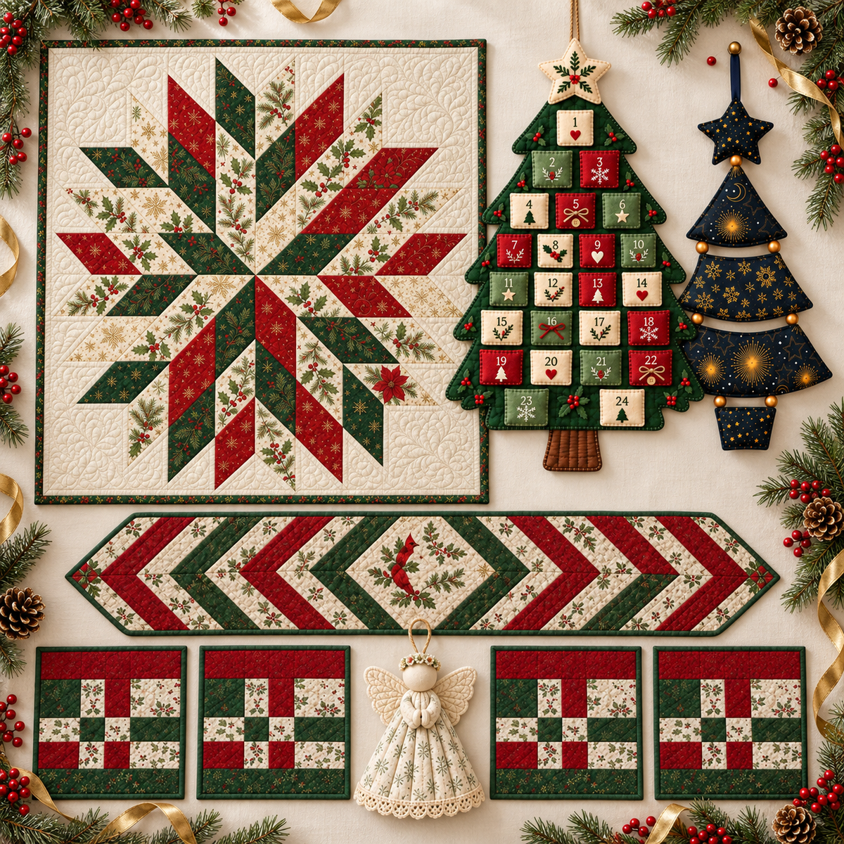 Christmas sewing pattern bundle 2 with Advent tree, star quilt, botanical angel, Starlit Evergreen and braided table set