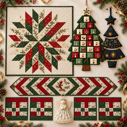 Christmas sewing pattern bundle 2 with Advent tree, star quilt, botanical angel, Starlit Evergreen and braided table set