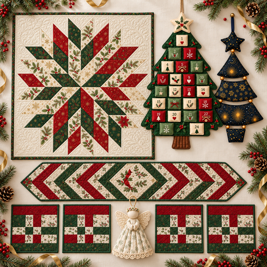 Christmas sewing pattern bundle 2 with Advent tree, star quilt, botanical angel, Starlit Evergreen and braided table set