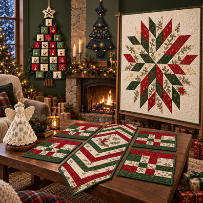 Christmas quilt, Advent calendar, angel, wall hanging and table set beside a glowing fireplace