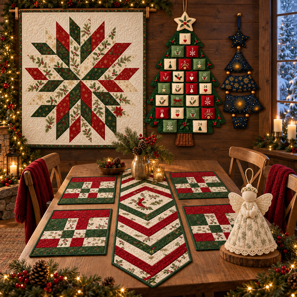 Five Christmas sewing and quilting projects styled in a warm wooden dining room