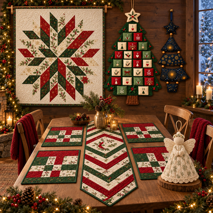 Five Christmas sewing and quilting projects styled in a warm wooden dining room