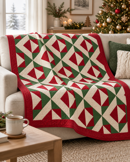 Christmas Evergreen quilt draped over a cream sofa in a Christmas living room