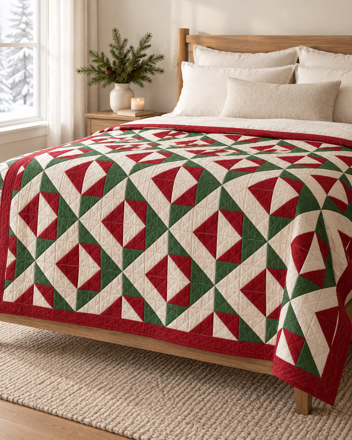 Christmas Evergreen quilt displayed on a bed with ivory linens