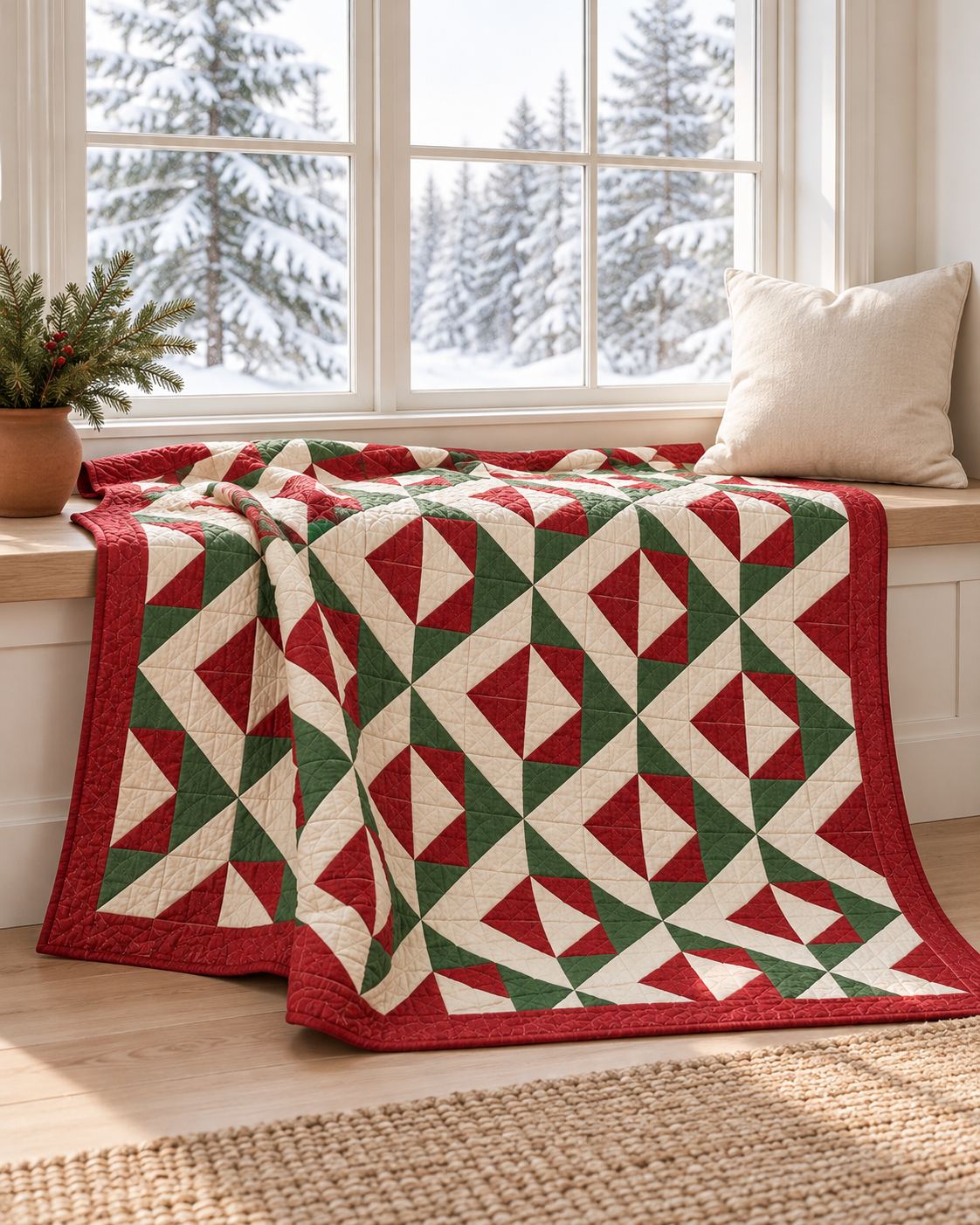 Christmas Evergreen quilt on a window bench overlooking snowy trees