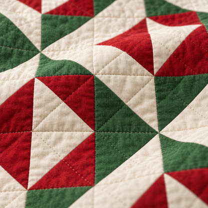Christmas Evergreen quilt close-up of red, green and ivory patchwork and quilting