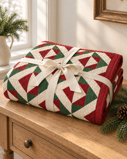 Christmas Evergreen quilt folded and tied with an ivory gift ribbon