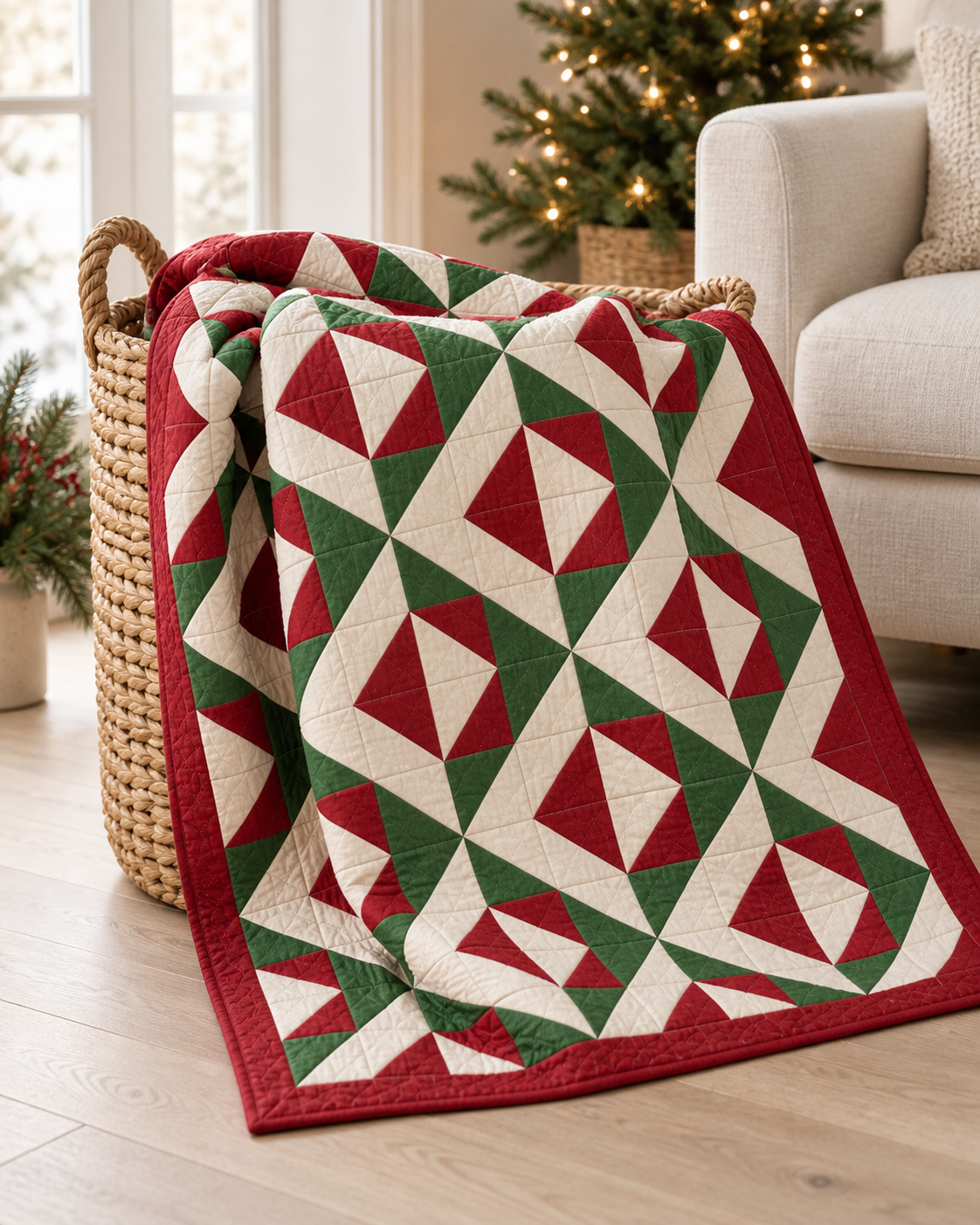 Christmas Evergreen quilt draped from a woven basket