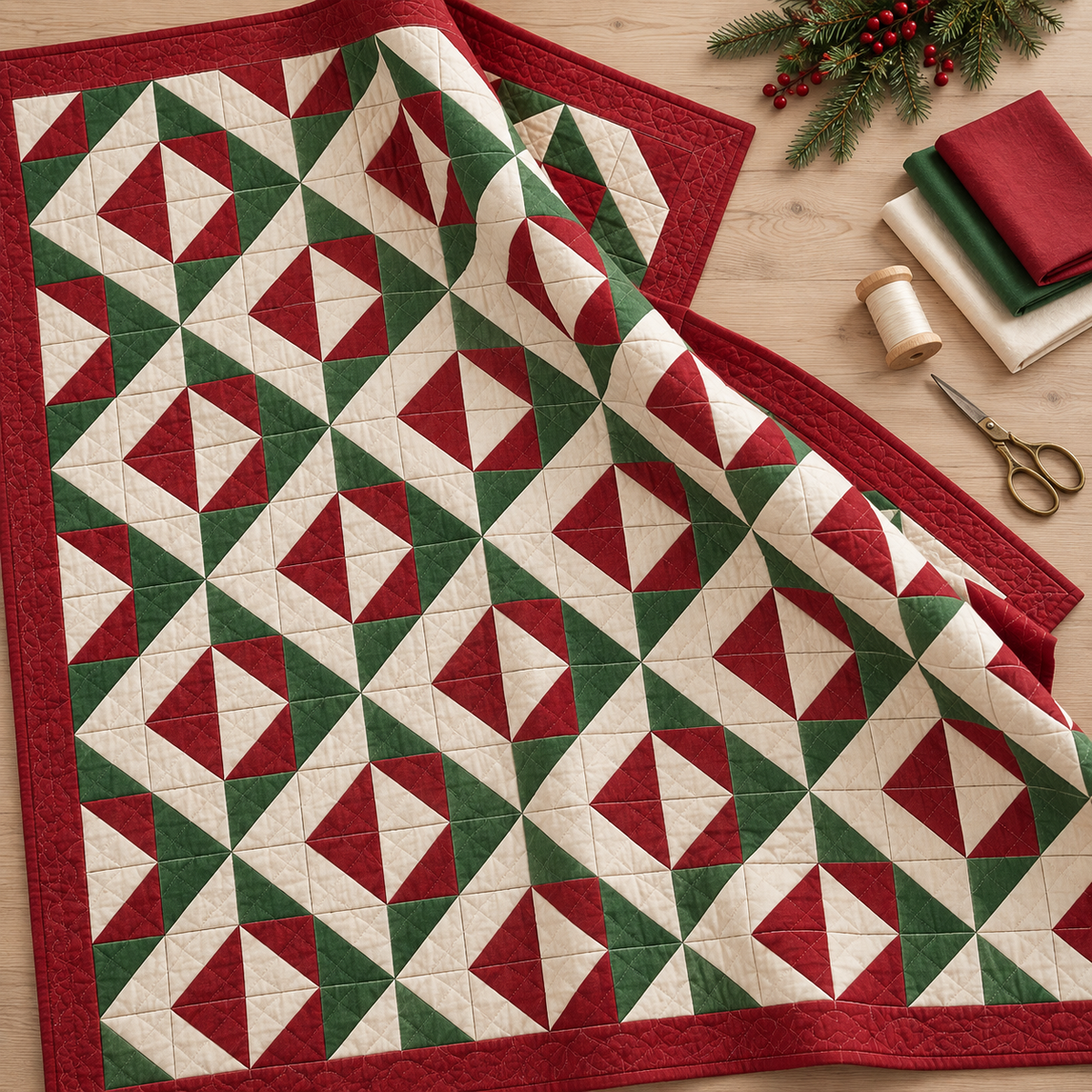 Christmas Evergreen quilt on a sewing table with matching fabrics