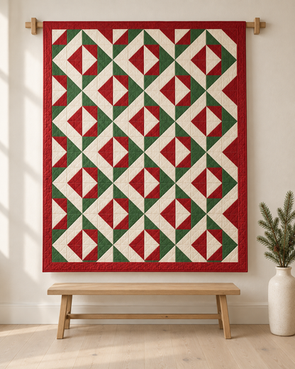 Christmas Evergreen quilt hanging on an ivory wall above an oak bench