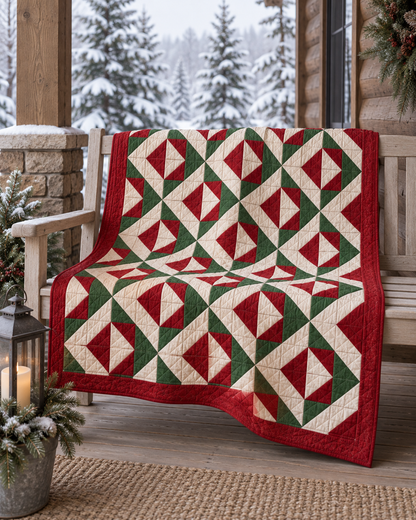 Christmas Evergreen quilt draped over a bench on a snowy cabin porch