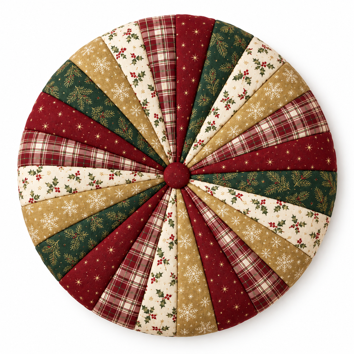 Overhead view of a round Christmas chair cushion with radial fabric wedges and a burgundy center button. AI-generated fabric-styling illustration.