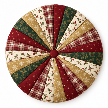 Overhead view of a round Christmas chair cushion with radial fabric wedges and a burgundy center button. AI-generated fabric-styling illustration.
