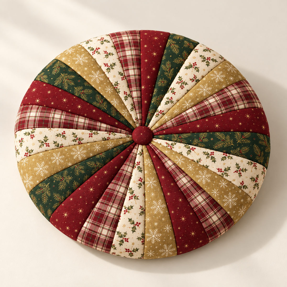 Three-quarter product view showing the softly stuffed round Christmas patchwork cushion. AI-generated fabric-styling illustration.