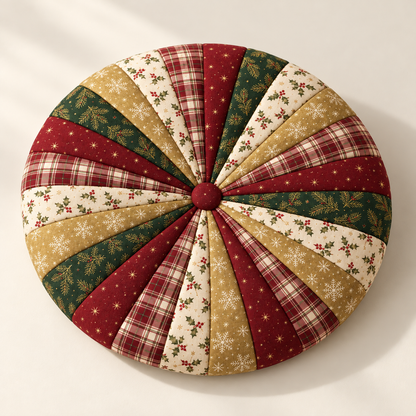 Three-quarter product view showing the softly stuffed round Christmas patchwork cushion. AI-generated fabric-styling illustration.