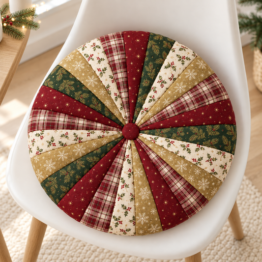 Round Christmas patchwork cushion on a white chair, in burgundy, green, ivory and gold. AI-generated fabric-styling illustration.