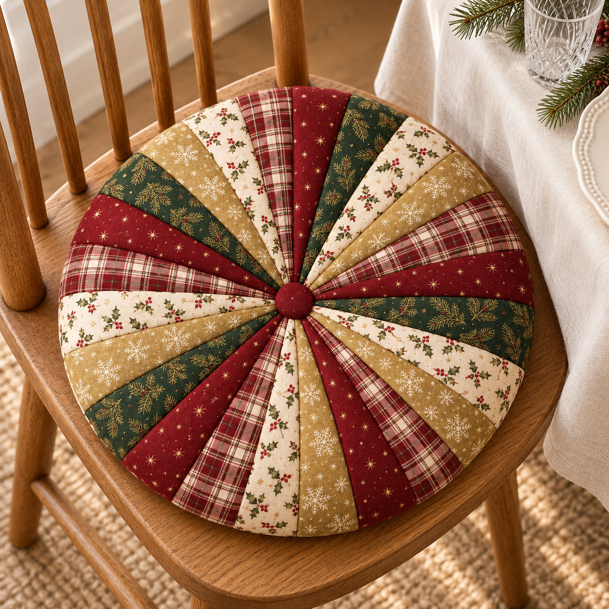Christmas patchwork seat cushion on an oak dining chair beside a festive table. AI-generated fabric-styling illustration.
