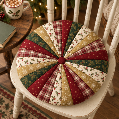Christmas chair cushion in a cozy reading corner on a cream wooden chair. AI-generated fabric-styling illustration.