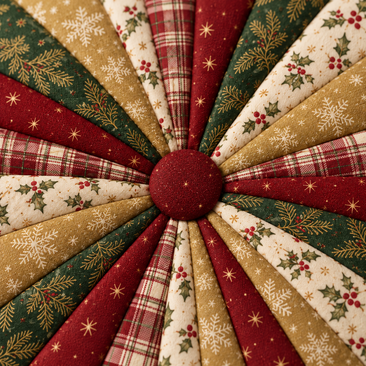 Close-up of the covered burgundy center button and Christmas fabric wedges. AI-generated fabric-styling illustration.