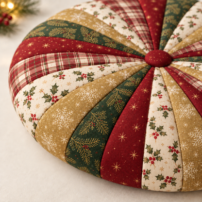 Close-up of the curved sewn edge and holly, tartan and snowflake fabric wedges. AI-generated fabric-styling illustration.