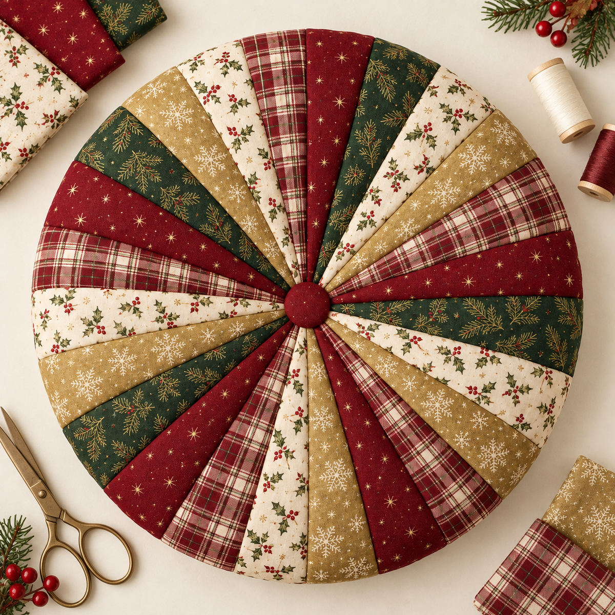 Round Christmas cushion beside coordinating fabric, thread and sewing scissors. AI-generated fabric-styling illustration.