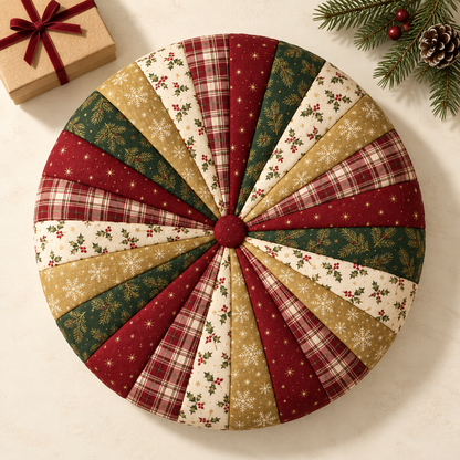 Christmas patchwork cushion beside a wrapped kraft gift box and evergreen sprigs. AI-generated fabric-styling illustration.