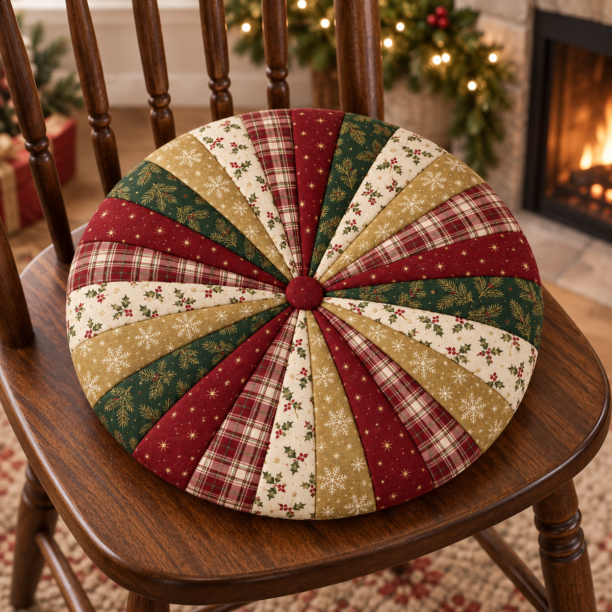Christmas Hearth round chair cushion on a wooden chair near a warm fireplace. AI-generated fabric-styling illustration.