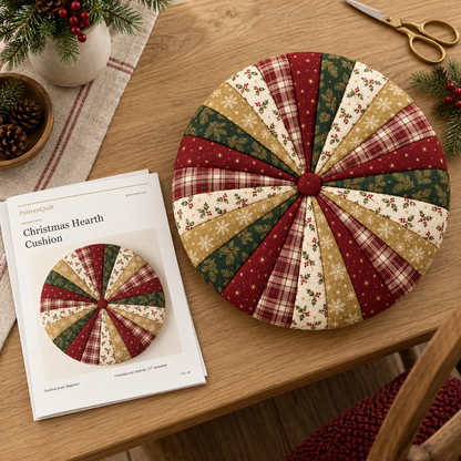 Christmas Hearth Cushion PDF sewing pattern cover beside the round patchwork cushion. AI-generated fabric-styling illustration.